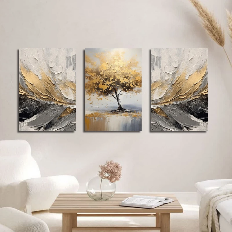 تابلو شاسی بکلیت طرح نقاشی رنگ روغن درخت و برگ مدل SH-3120 مجموعه 3 عددی