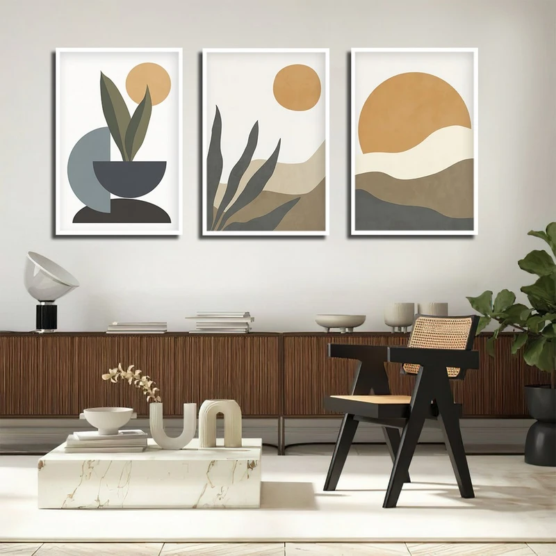 تابلو بکلیت طرح نقاشی مینیمال برگ و خورشید مدل W-3882 فریم سفید مجموعه 3 عددی