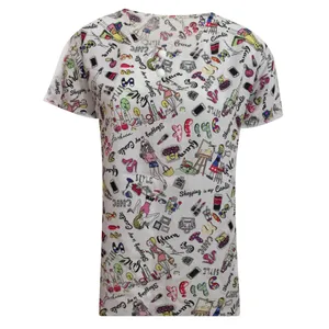 تی شرت آستین کوتاه زنانه نخی مدل اشکال رنگی درهم کد tm-2083 رنگ سفید