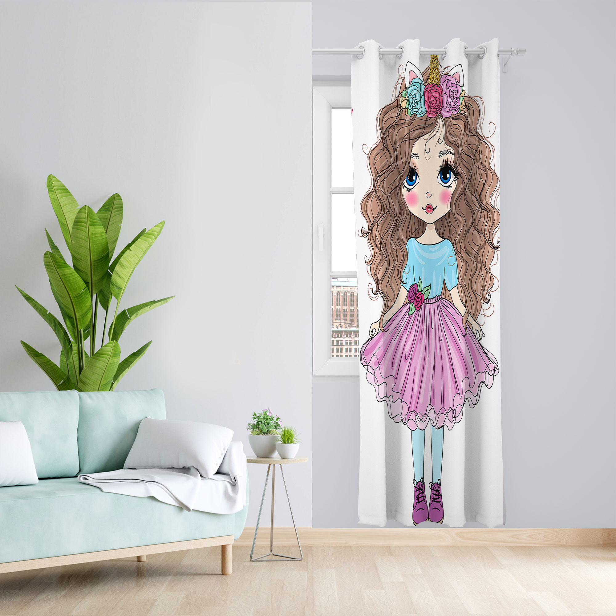 پرده مدل هازان پانچی طرح اتاق کودک دخترانه چاپی کد 2645 سایز 140x280 سانتی متر