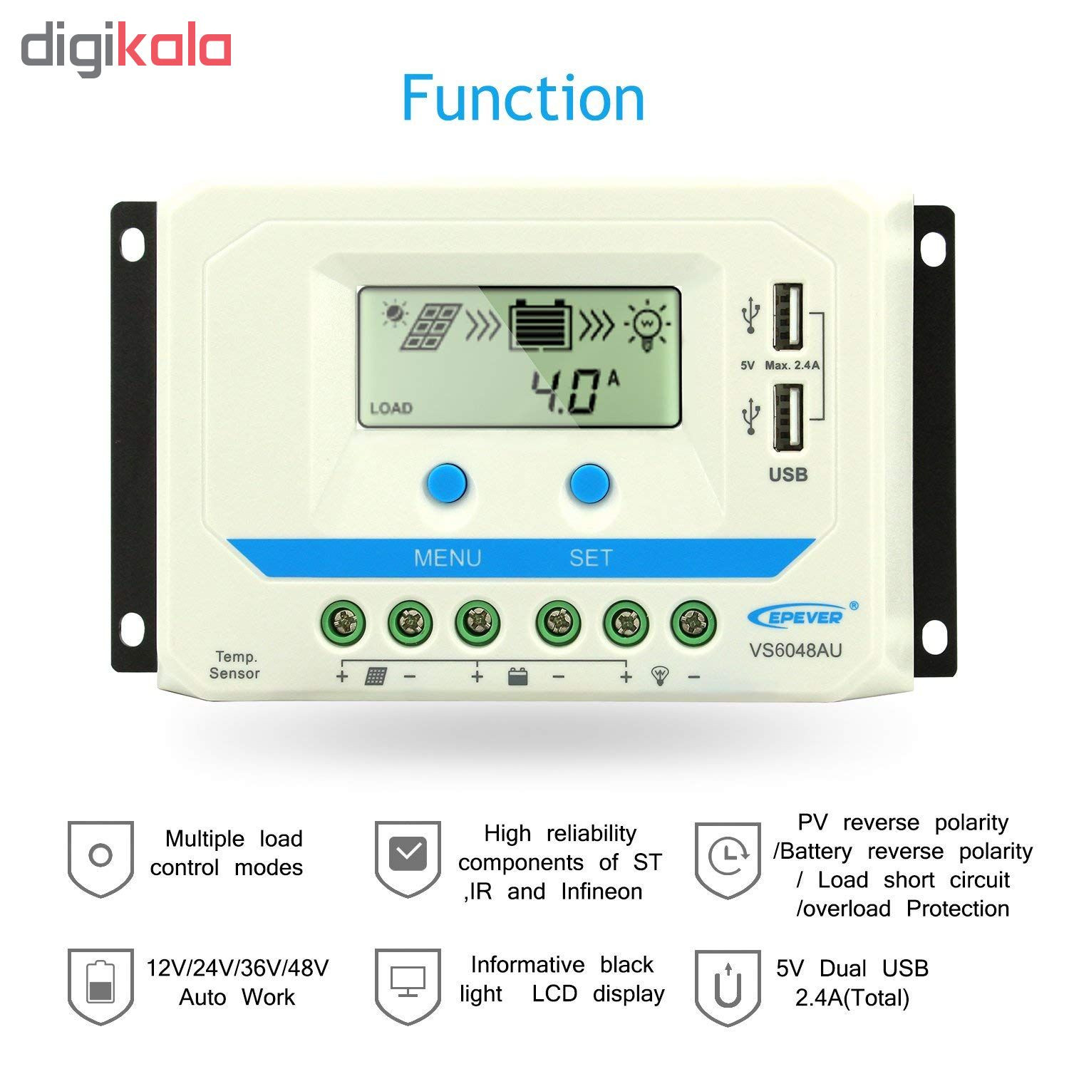 کنترل کننده دیجیتال شارژ خورشیدی 60 آمپر48 ولت ای پی اور مدل VS6048AU