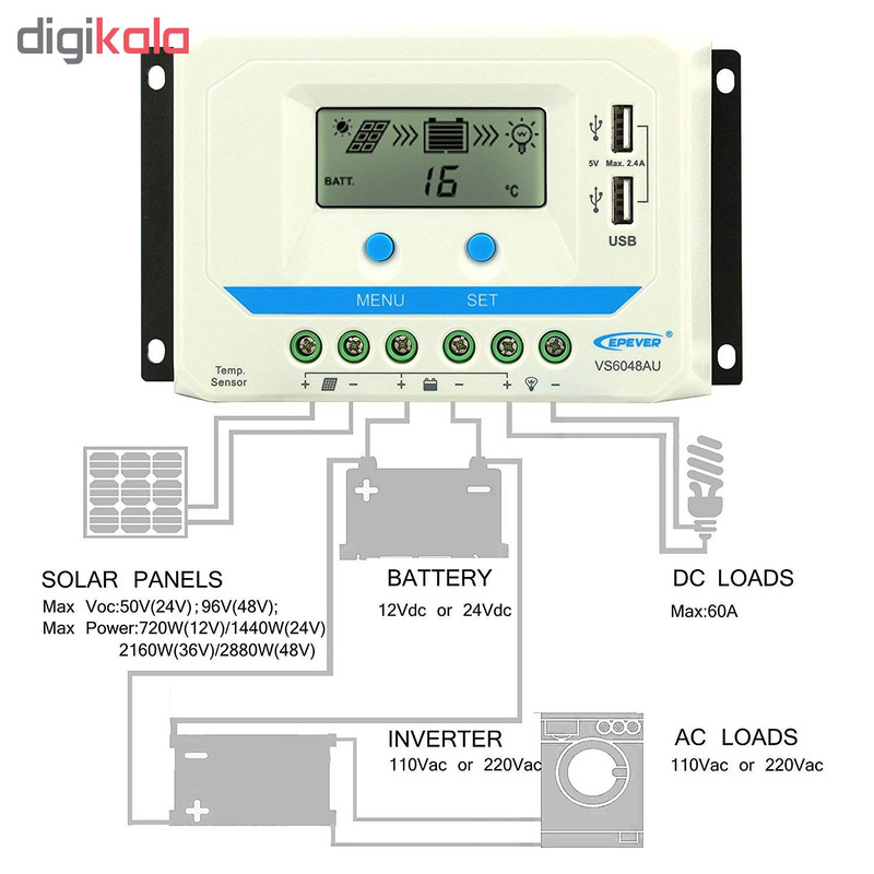 کنترل کننده دیجیتال شارژ خورشیدی 60 آمپر48 ولت ای پی اور مدل VS6048AU