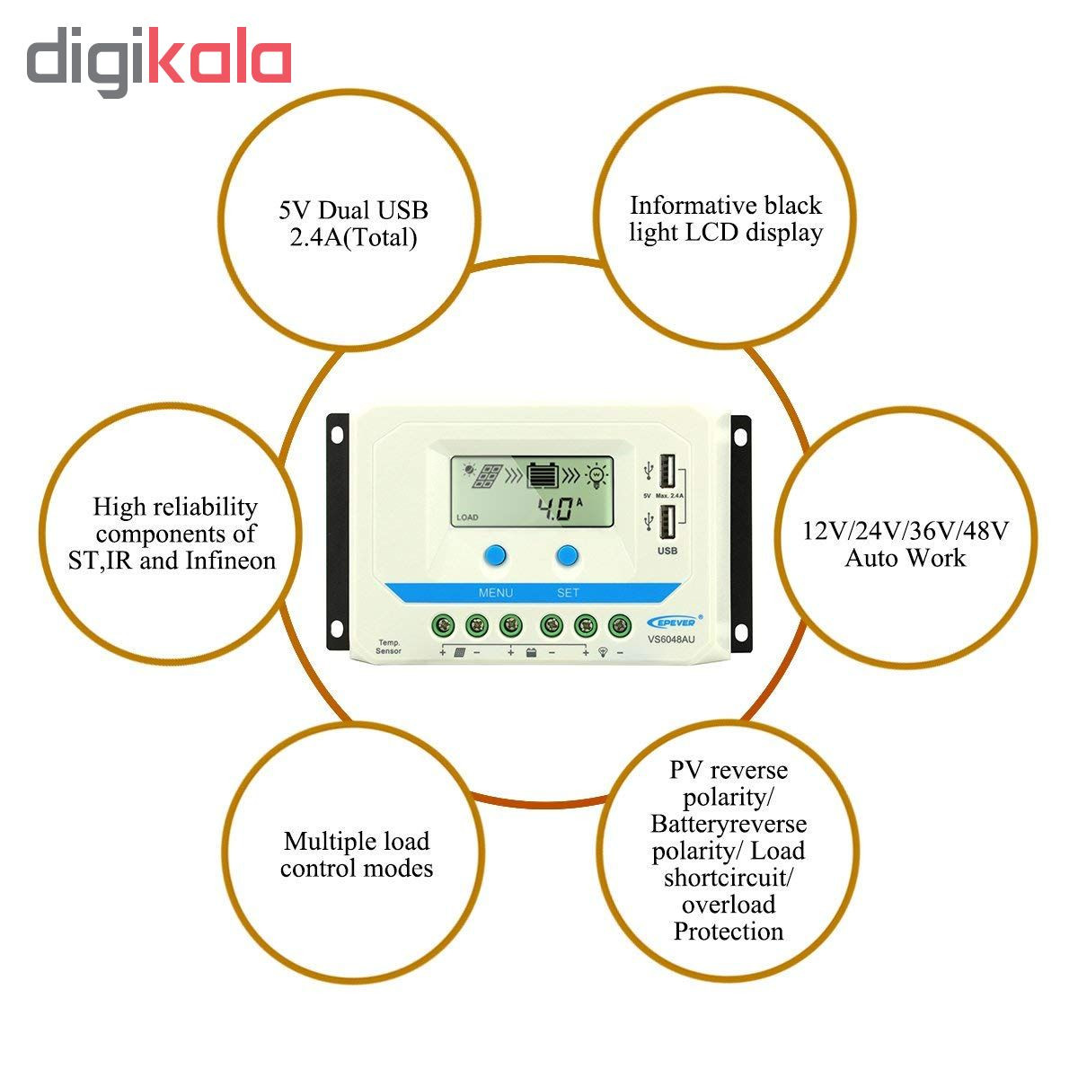 کنترل کننده دیجیتال شارژ خورشیدی 60 آمپر48 ولت ای پی اور مدل VS6048AU