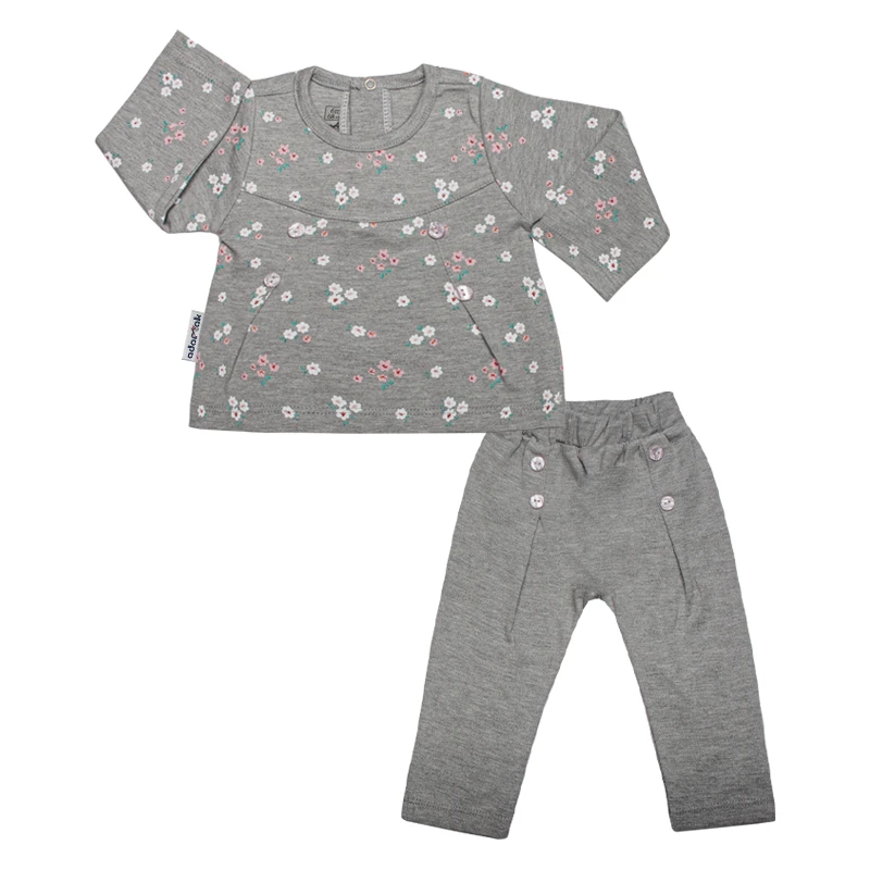 ست تی شرت آستین بلند و شلوار نوزادی آدمک کد 110052 رنگ طوسی