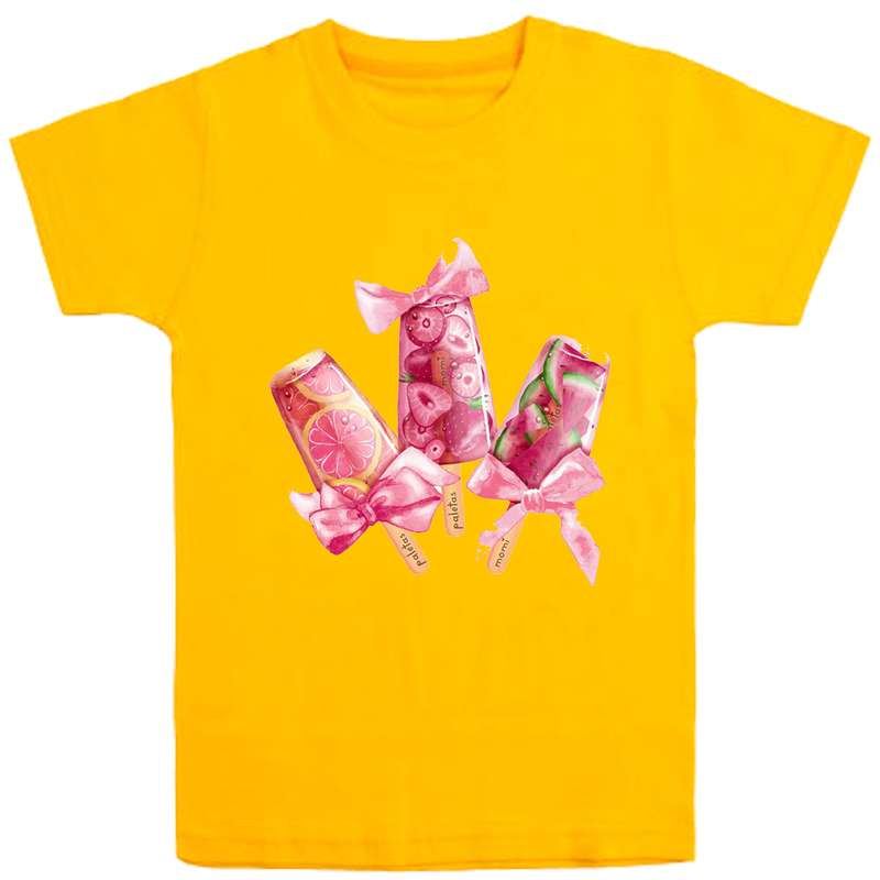 تی شرت آستین کوتاه دخترانه مدل بستنی یخی D15 رنگ زرد