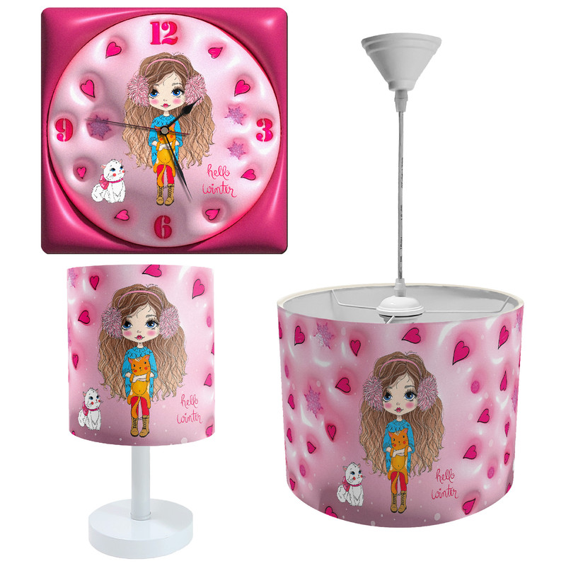 آباژور و لوستر کودک طرح دختر و گربه سه بعدی مدل LBR-SET-014 به همراه ساعت