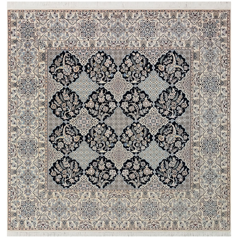 فرش دستبافت ۴ متری مدل مربع نایین ۶لا 977 زمینه سرمه ای