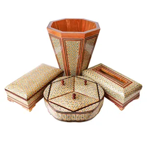 ست 4 تکه سطل و جعبه دستمال کاغذی و جعبه کارد و چنگال و شکلات خوری خاتم کاری کد 5