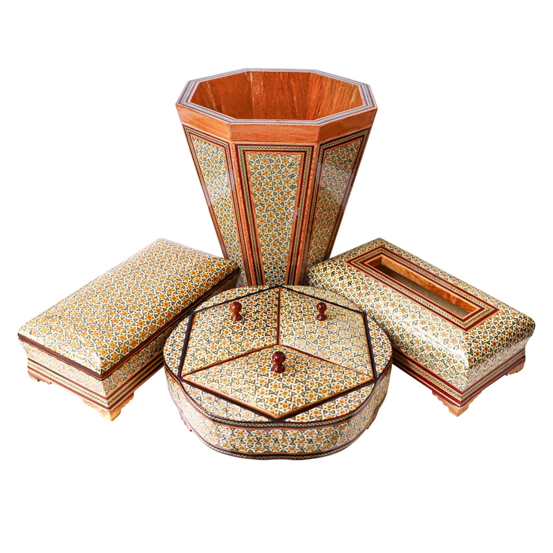 ست 4 تکه سطل و جعبه دستمال کاغذی و جعبه کارد و چنگال و شکلات خوری خاتم کاری کد 5