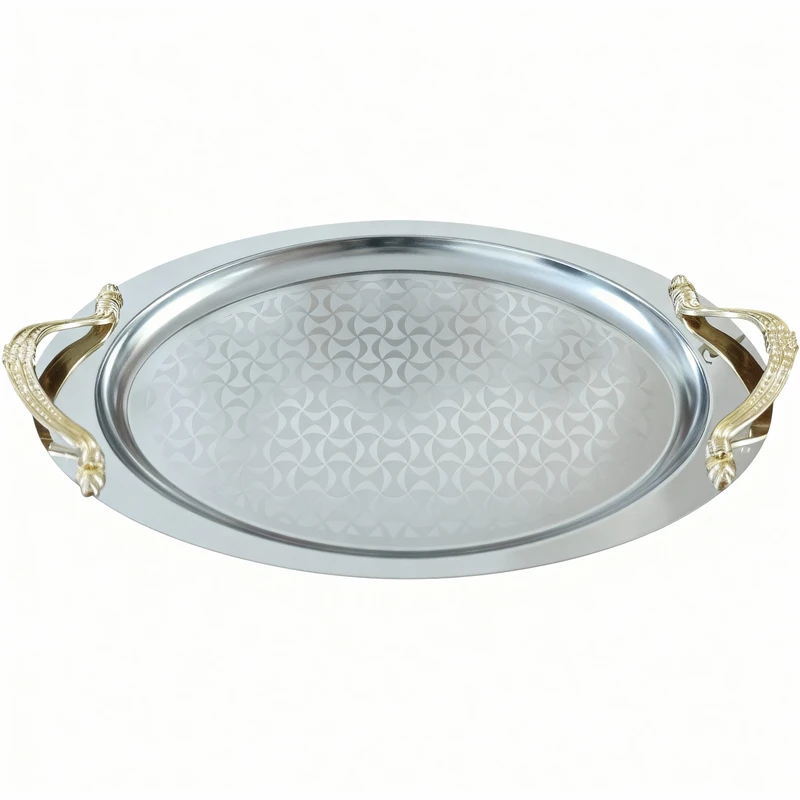 سینی استیل دسته‌دار مدل اوریو بیضی طرح‌دار کد B220 سایز 30*45 سانتی متر 