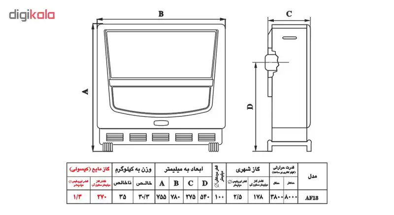 بخاری گازی نیک کالا مدل آفتاب AF18