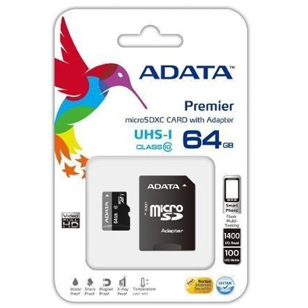 کارت حافظه microSDXC ای دیتا مدل Premier کلاس 10 استاندارد UHS-I U1 به همراه آداپتور SD ظرفیت 64 گیگابایت