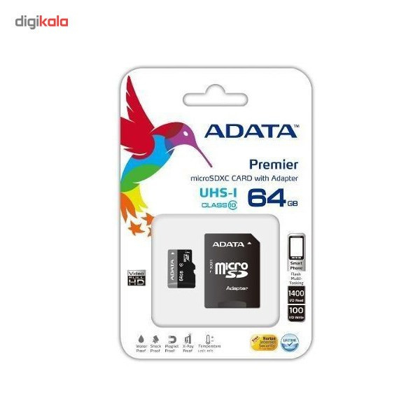 کارت حافظه‌ microSDXC ای دیتا مدل Premier کلاس 10 استاندارد UHS-I U1 به همراه آداپتور SD ظرفیت 64 گیگابایت