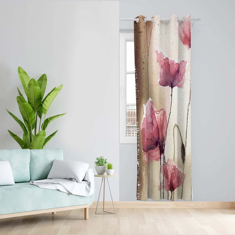 پرده طرح گل شقایق مدل مخمل پانچی کد  L 254 Z سایز 140x200 سانتی متر