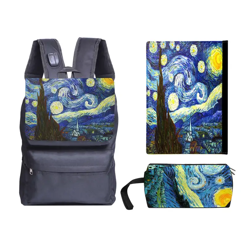 کوله پشتی طرح شب پرستاره ونگوگ کد kjk13 به همراه جامدادی و کلاسور