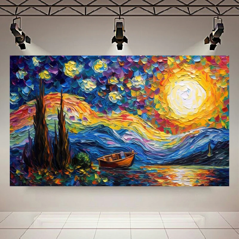 پوستر طرح مخمل شب پر ستاره مدل قایق چوبی کد AR304126