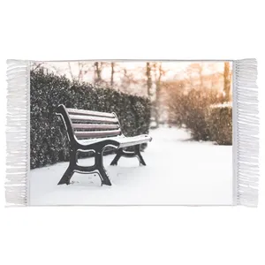 فرش ماشینی دیوارکوب اطلس آبی طرح منظره زمستان نیمکت و برف مدل T1135 