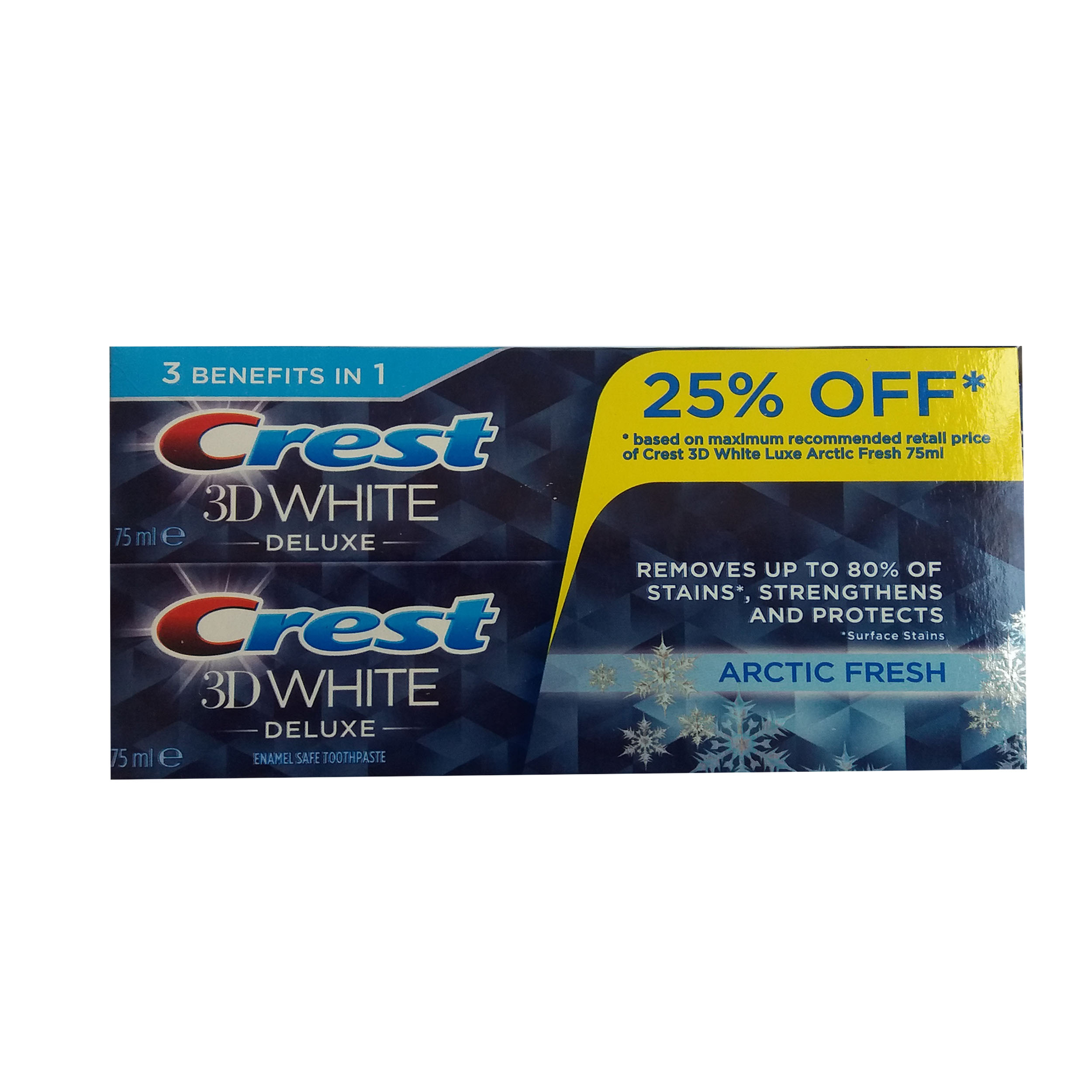 پک خمیر دندان کرست سری 3D White مدل Arctic Fresh حجم 75 میلی لیتر بسته 2 عددی