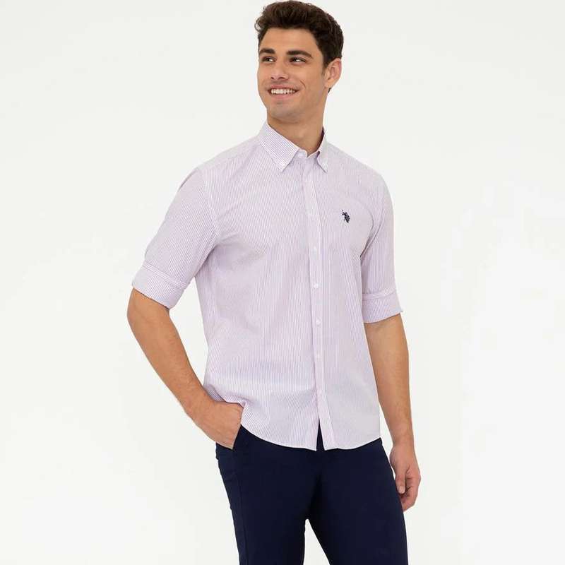 پیراهن آستین بلند مردانه یو اس پولو مدل راه راه رنگ قرمز