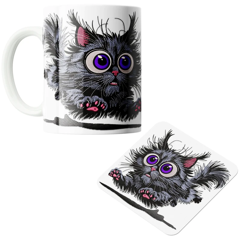 ماگ پاد آفرین مدل گربه ترسو کد 45 به همراه زیر لیوانی