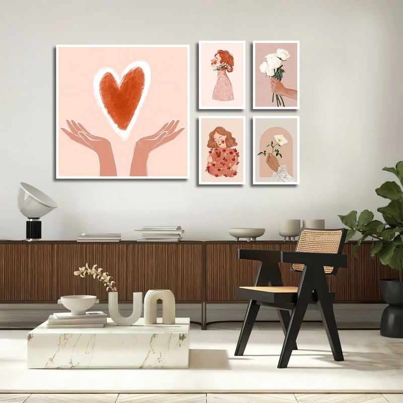 تابلو بکلیت طرح نقاشی مینیمال و قلب مدل W-2315 مجموعه 5 عددی