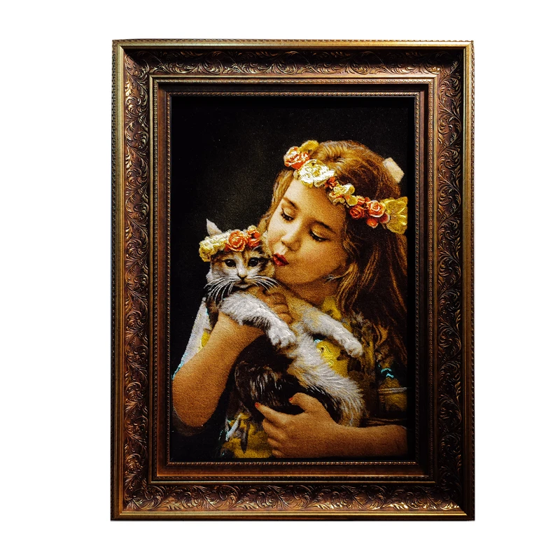 تابلو فرش دستباف طرح دختر و گربه مدل 128A