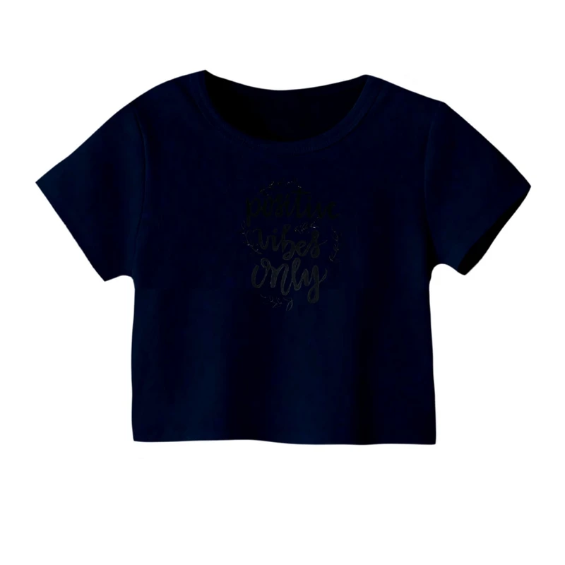 کراپ‌ تی‌شرت آستین کوتاه زنانه مدل تکست مینیمال کد02 رنگ سرمه ای