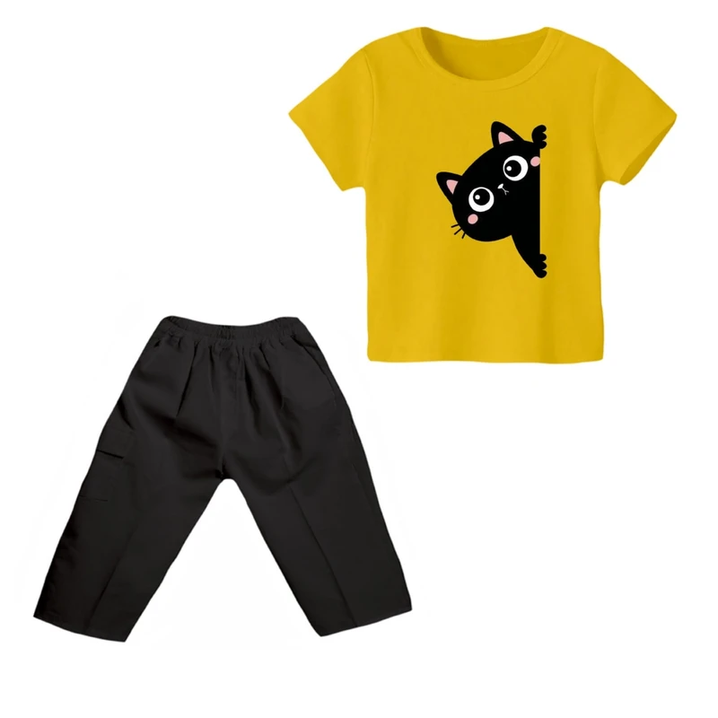 ست تی شرت و شلوارک پسرانه مدل گربه کد 15 رنگ زرد