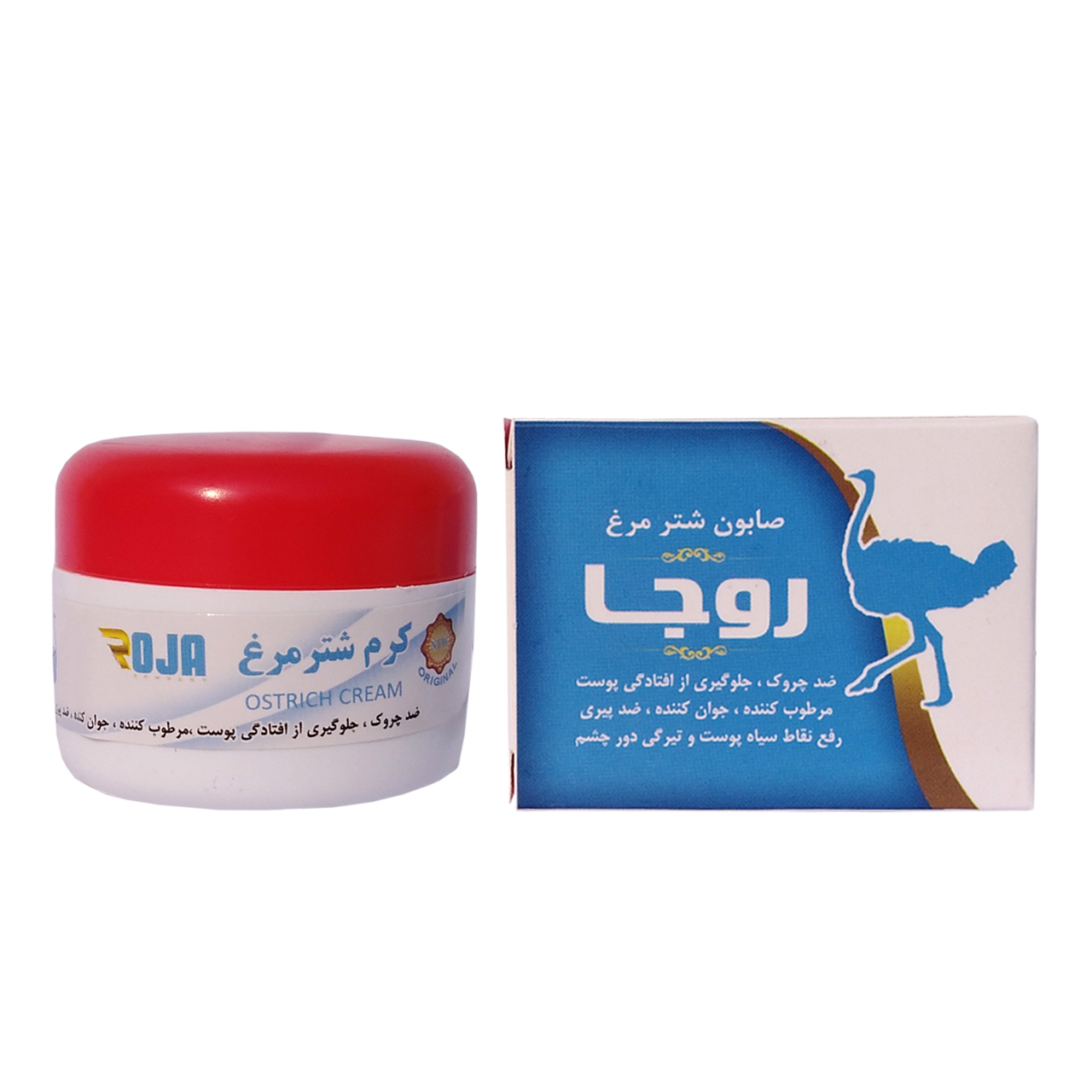 کرم شترمرغ روجا مدل Ostrich حجم 80 میلی لیتر به همراه صابون شترمرغ روجا مدل Ostrich