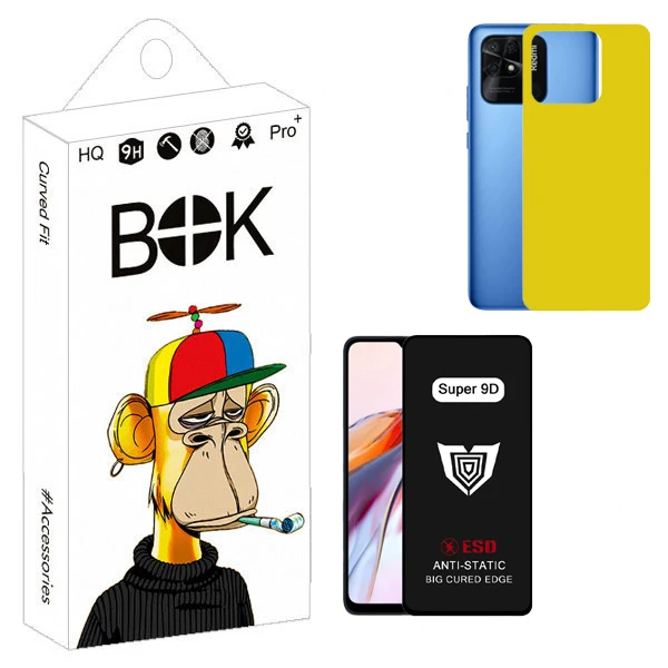محافظ صفحه نمایش بوک مدل Super 9D مناسب برای گوشی موبایل شیائومی Redmi 10C به همراه محافظ پشت گوشی