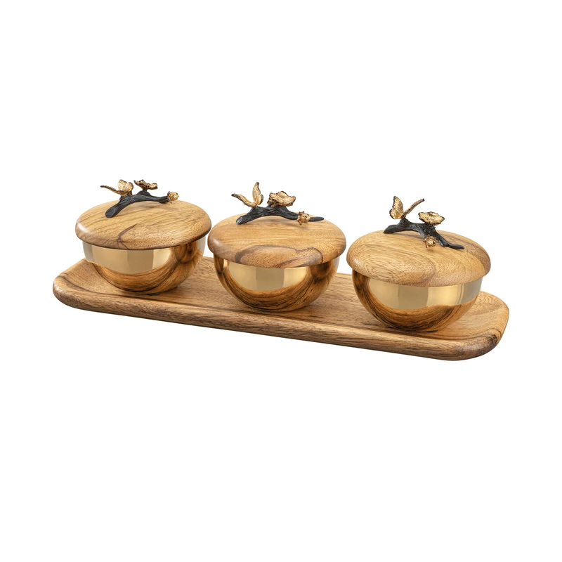 قندان گلدکیش مدل باترفلای کد GK829807 مجموعه سه عددی به همراه سینی