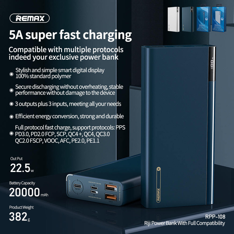 پاوربانک ریمکس مدل RPP-108 ظرفیت 20000 میلی آمپر ساعت