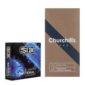 کاندوم چرچیلز مدل Ultra Thin Double Delay بسته 12 عددی به همراه کاندوم سیکس مدل آنتی باکتریال بسته 3 عددی 