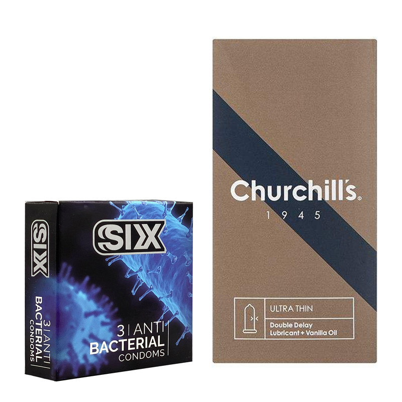 کاندوم چرچیلز مدل Ultra Thin Double Delay بسته 12 عددی به همراه کاندوم سیکس مدل آنتی باکتریال بسته 3 عددی