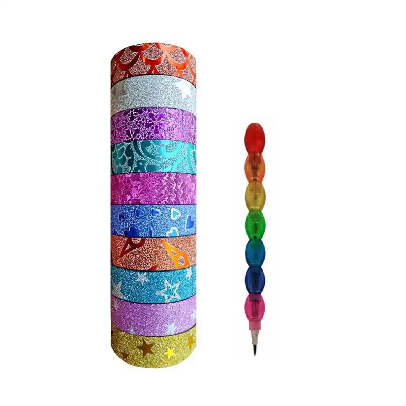 چسب نواری مدل اکلیلی عرض 1.5 سانتی متری بسته 10 عددی به همراه مداد فشنگی