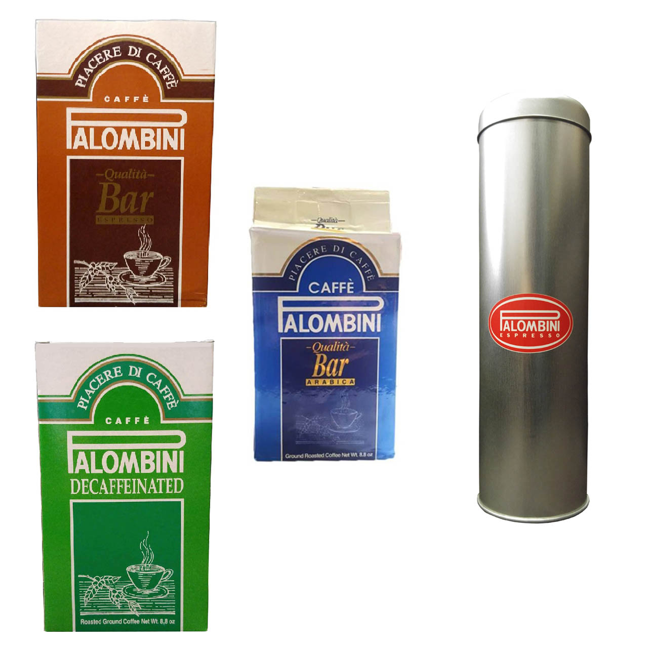 بسته 3 عددی قهوه آسیاب شده پالومبینی مدل Bar Arabica و Bar Espresso و Decaffeinato به همراه قوطی مخصوص نگهداری قهوه