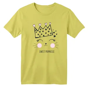 تی شرت آستین کوتاه بچگانه مدل گربه و تاج رنگ لیمویی