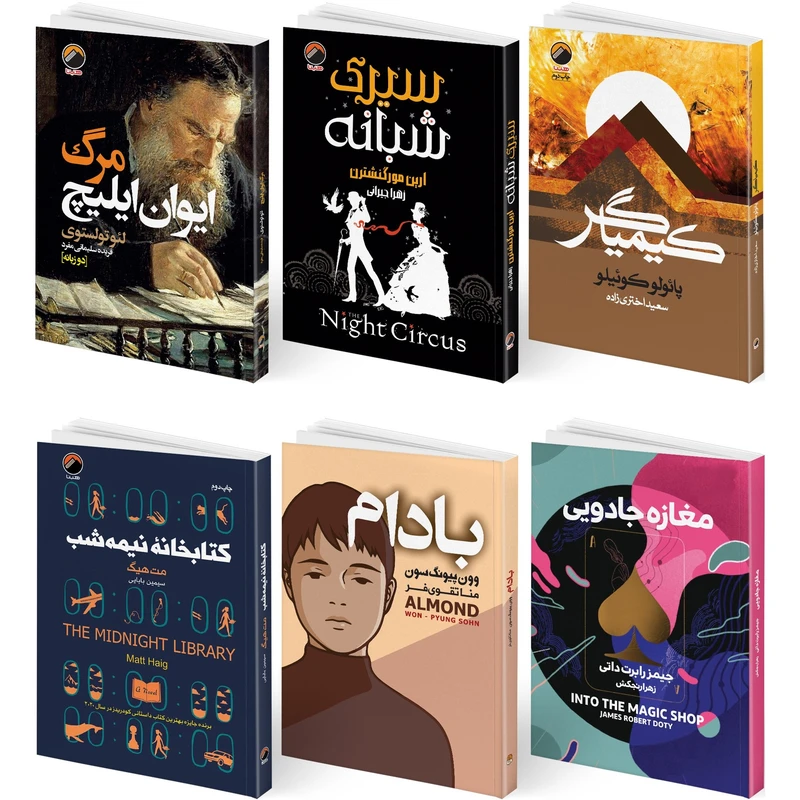 کتاب مرگ ایوان ایلیچ، سیرک شبانه، کیمیاگر، کتابخانه نیمه شب، بادام، مغازه جادویی اثر جمعی از نویسندگان نشر هیتا ۶ جلدی