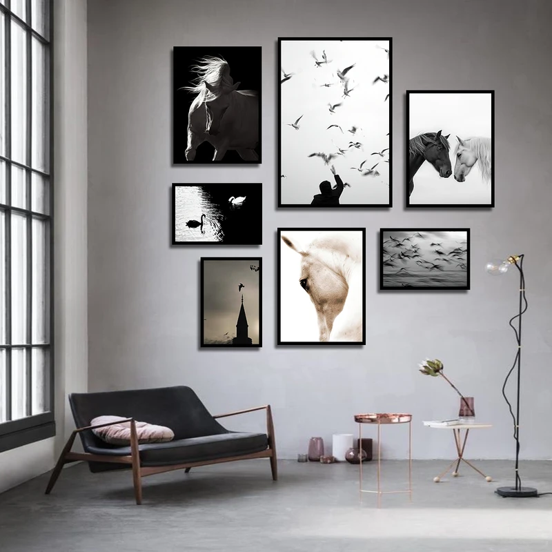 تابلو بکلیت طرح منظره دریا و اسب مدل B-3487 فریم مشکی مجموعه 7 عددی