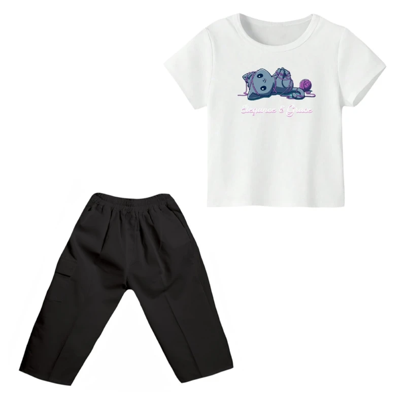 ست تی شرت و شلوارک دخترانه مدل گربه کد ۲۳