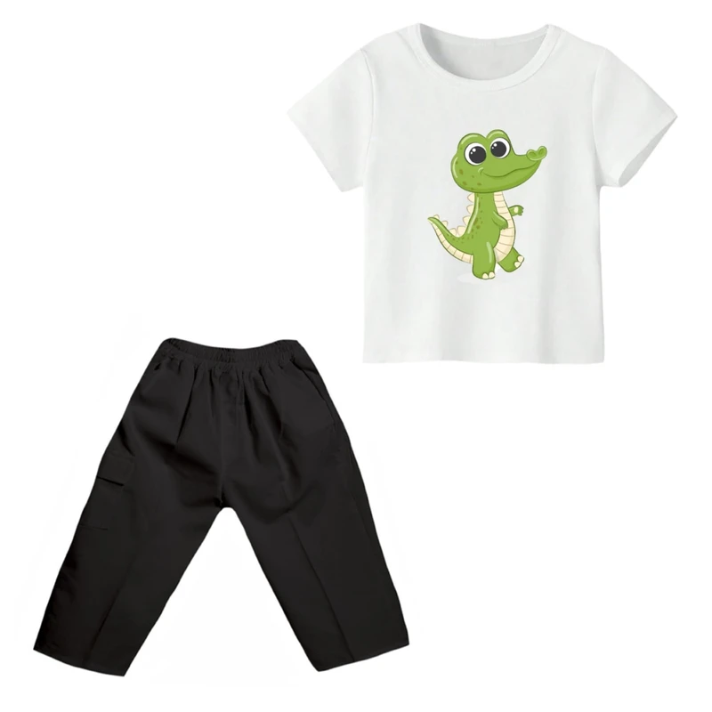 ست تی شرت و شلوارک پسرانه مدل تمساح کد ۴ رنگ سفید