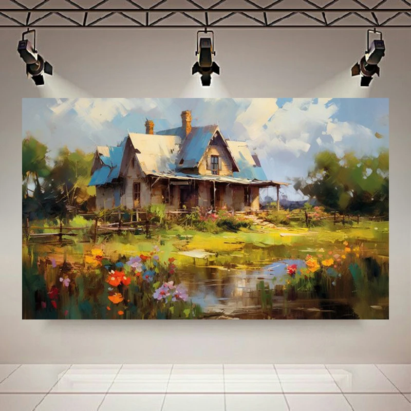 تابلو بوم طرح مخمل دشت سرسبز مدل کلبه متروکه کد AR304141