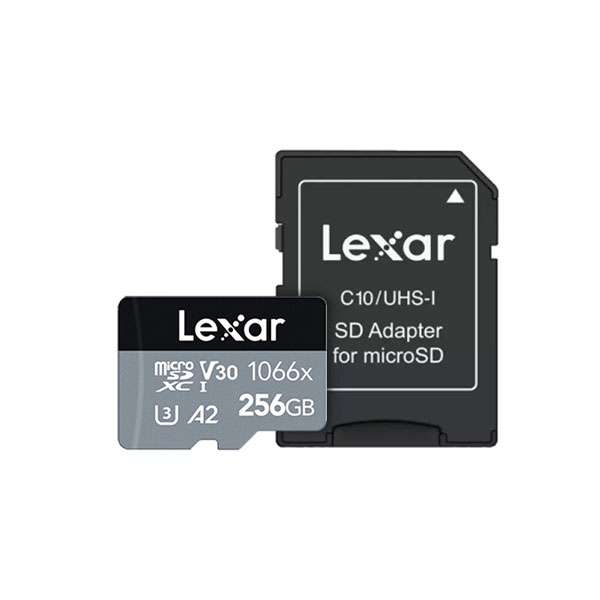 کارت حافظه microSDXC لکسار مدل 1066X کلاس A2 استاندارد UHS-U3 سرعت 160MBps ظرفیت 256 گیگابایت به همراه آداپتور SD