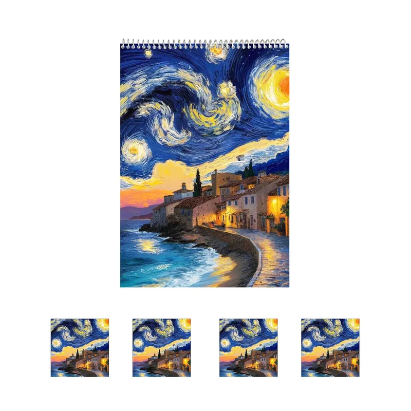 دفتر نقاشی 50 برگ مدل شب پرستاره کد A1 به همراه برچسب مجموعه 5 عددی