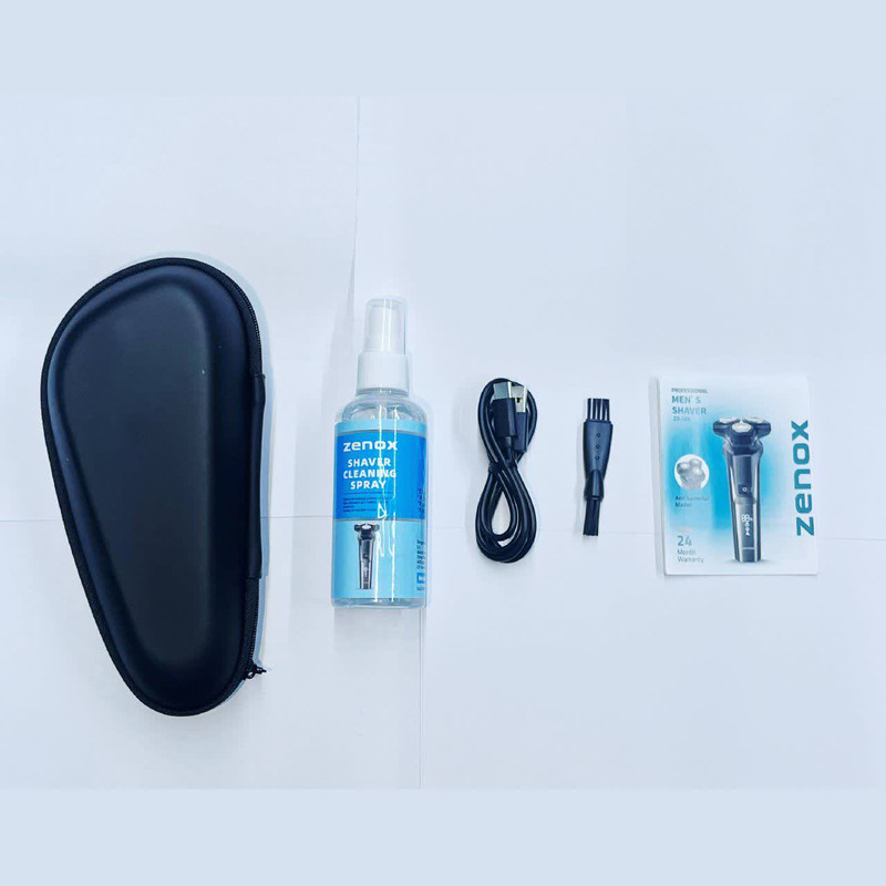 ماشین اصلاح موی صورت شارژی زیناکس مدل ZX-326 با 90 تیغه استیل و تیتانیوم، موتور 11000 دور در دقیقه، ضدآب IPX7، باتری 2000 میلی‌آمپر ساعت، نمایشگر دیجیتال شارژ، قابلیت اصلاح خشک و مرطوب، همراه با سری شقیقه زن، موزن بینی و برس شستشو