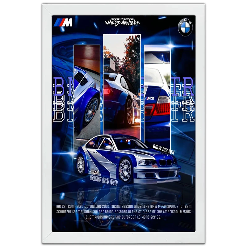 تابلو بکلیت طرح ماشین و خودرو بی ام و BMW M3 GTR NEED FOR SPEED MOST WANTED مدل W-po1975 فریم سفید