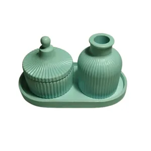 ست 4 تکه گلدان و قندان سنگی مدل مراکشی به همراه سینی