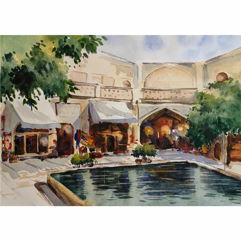نقاشی آبرنگ طرح بازار سرای مشیر شیراز کد 1012