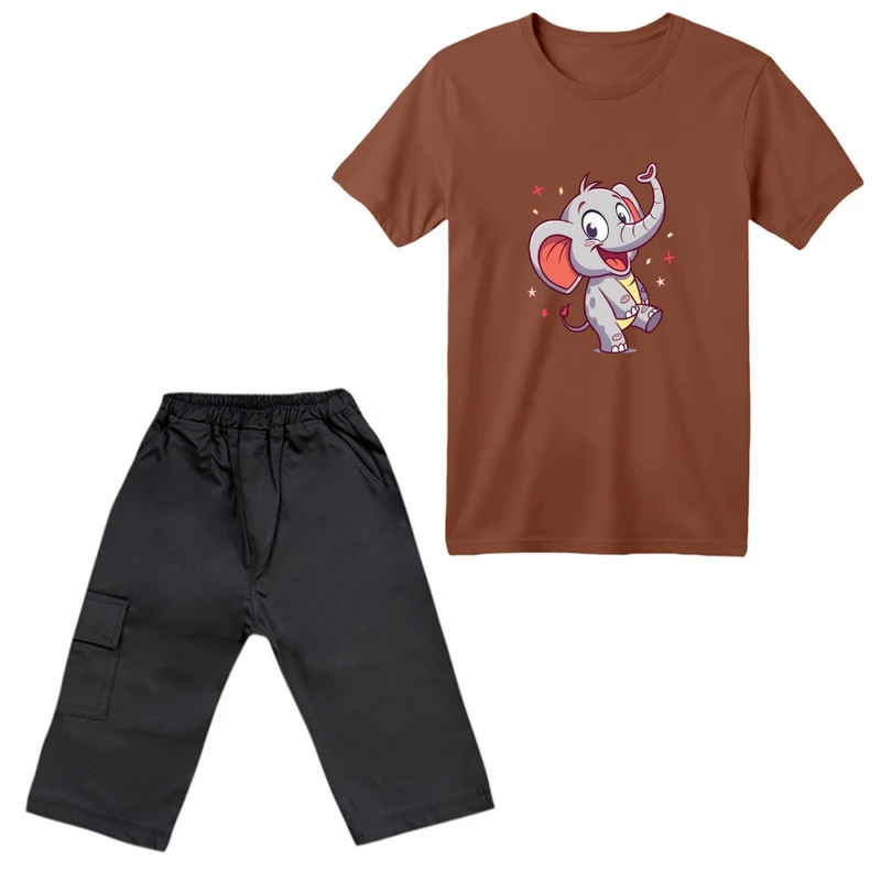 ست تی‌شرت آستین کوتاه و شلوارک پسرانه مدل فیل کارتونی کد 01