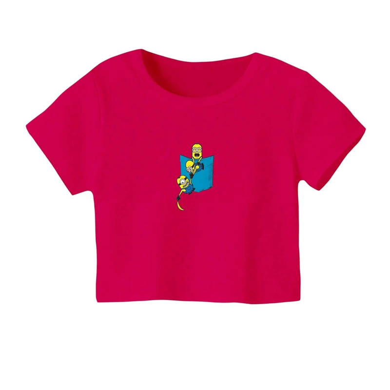 کراپ‌ تی‌شرت آستین کوتاه زنانه مدل مینیون جیبی